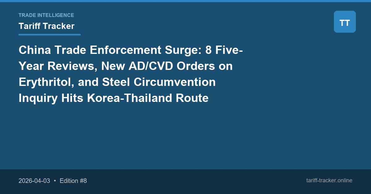 China Trade Enforcement Surge: 8 Five-Year Reviews, New AD/CVD Orders on Erythritol, and Steel Circumvention Inquiry Hits Korea-Thailand Route